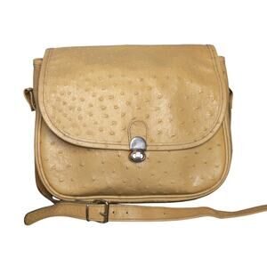 Vintage Ostrich Embossed Leather Crossbody Bag Tan Yellow Saddle Minimalist
